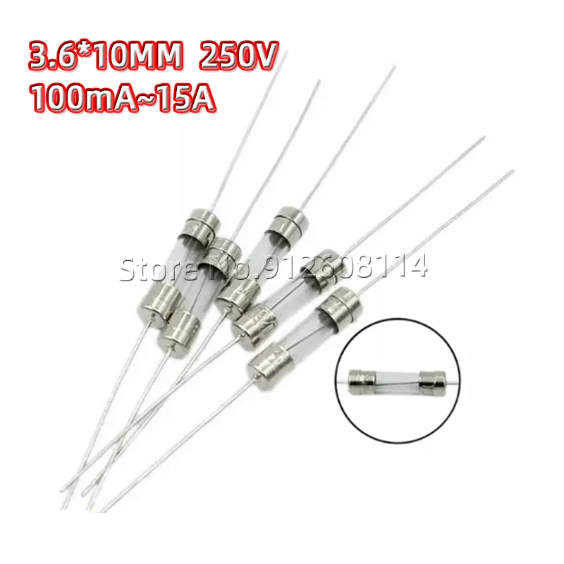 3.6*10MM Fuse 100MA 0.5A 1A 1.5A 1.6A 2A 3A 3.15A 4A 5A 6.3A 8A 10A 15A 3x10 250V Glass Tube Fuse Fast Break With Pin