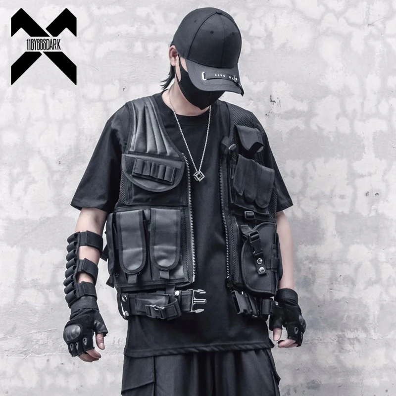 Tactical Vest Men Functional Cargo Vest Sleeveless Coat Drawstring Stitching Casual Vest Techwear