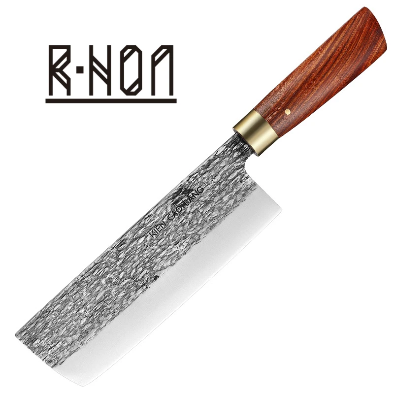 RHON 7inch Forged Hammer Cleaver Knife Japanese Chef's Kitchen Nakiri Slicing Vegetable Utility Cutting Knives Wooden Handle