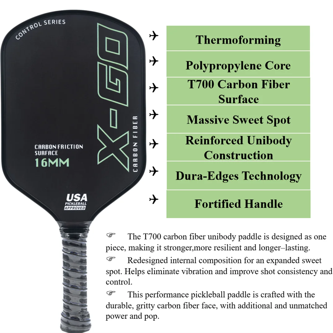 

Thermoformed Pickleball Paddle T700 Raw Carbon Friction Surface with High Grit &Spin USAPA Compliant Power Sweet Spot Pro Paddle