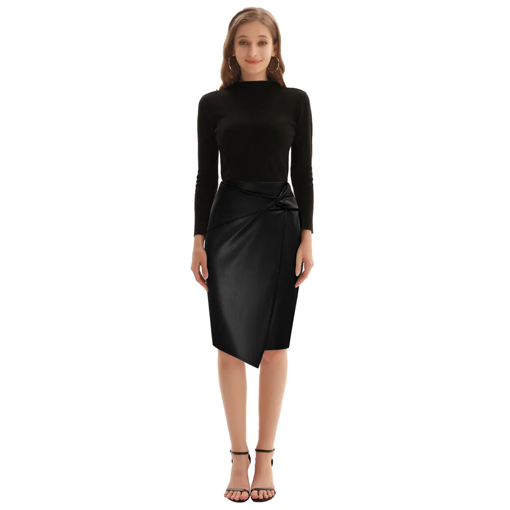 KK Women PU Leather Pencil Skirt Knee Length Knot-Front Hips-Wrapped Skirt