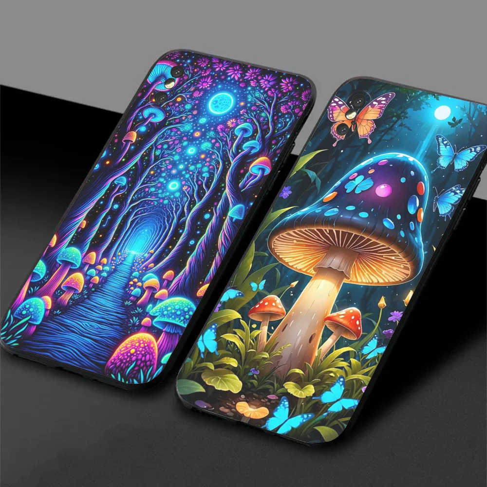 Trippy Psychedelic Mushrooms Phone Case For Samsung S24,23,22,30,21,10,9,Ultra,Plus,Lite,FE,5G Black Soft Case