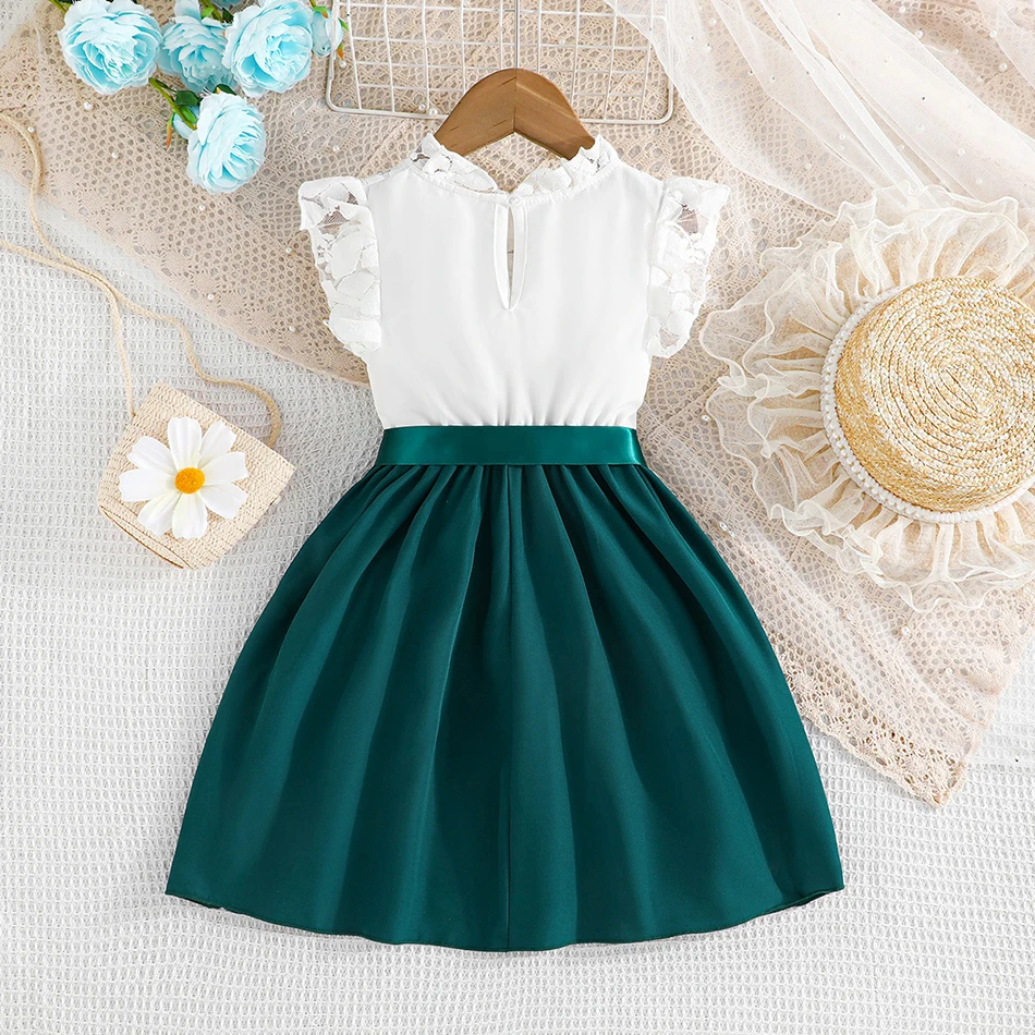 Fresh White Girls Summer Dress Spliced and Ribbon Girls Casual Dresses Girls Family gatherings Outdoor Activities Dresses