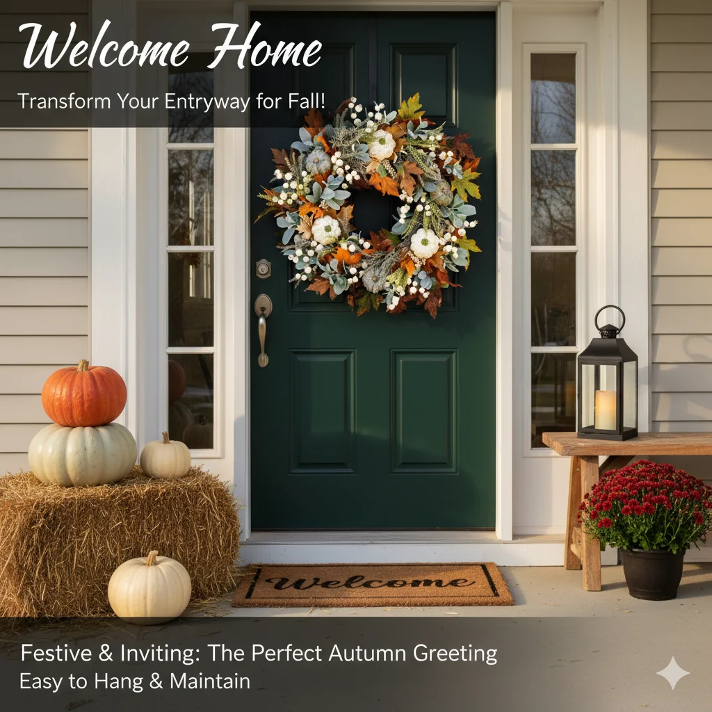 

Autumn Pumpkin Wreath With Berries And Maple Leaves, Fall Door Decor For Halloween, Harvest Season, Porch, Entryway Home Decor