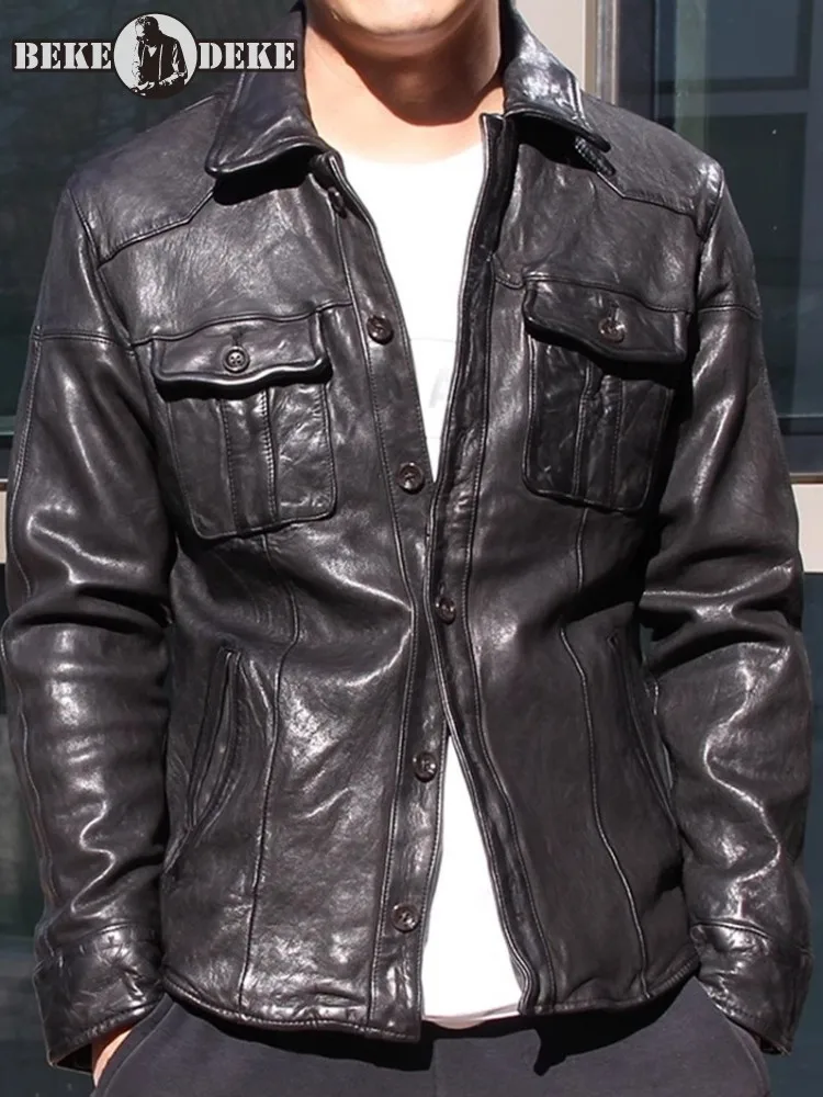 

Vintage Genuine Leather Motorcycle Jacket Men Single Breasted Slim Fit Lapel Spring Autumn High Quality Real Sheepskin Coat Male