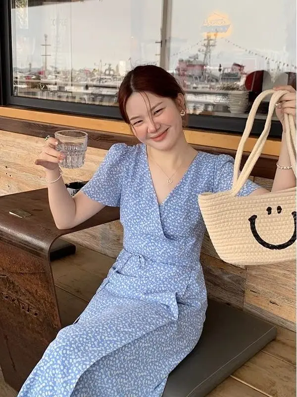 Loose Floral Print V-Ne Midi Dr Women's Summer Casual Sle High Waist A-Line Skirt Polyester Fabric ort Sve Dr