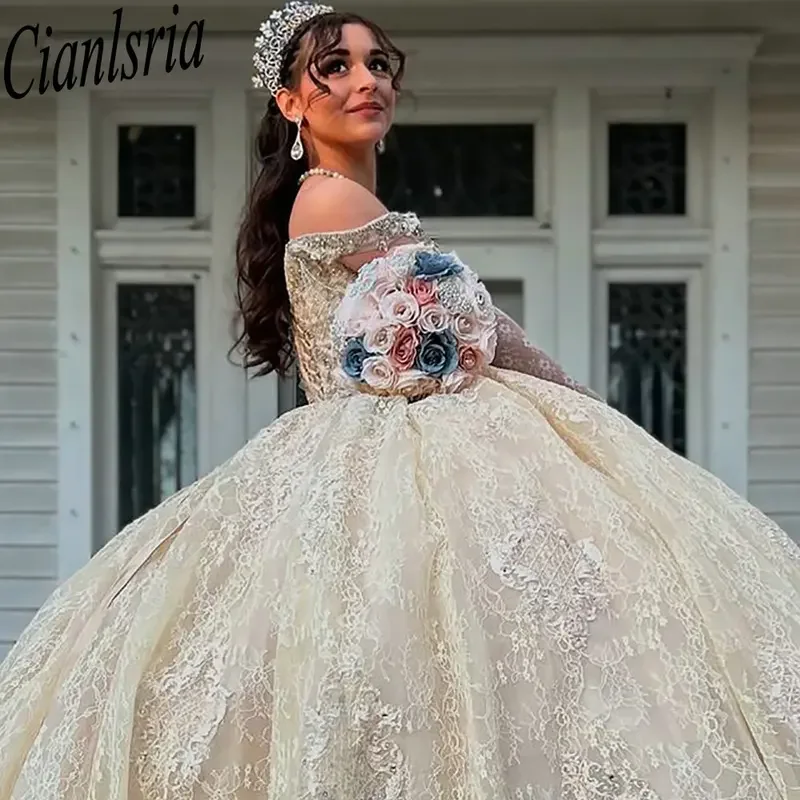 الأميرة الديكور شرابة فساتين Quinceanera الكرة ثوب قبالة الكتف يزين الدانتيل الحلو 15 Años المكسيكي مخصص