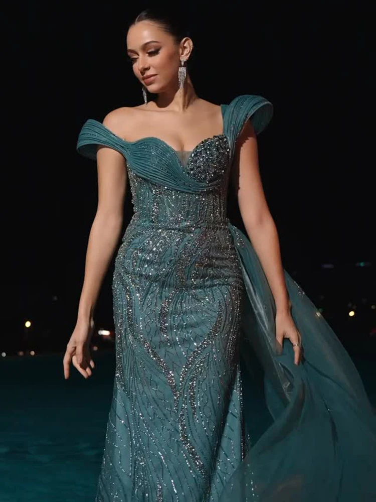 

Elegant Green Sequin Party Gown For Women Luxury Off Shoulder Mermaid Ecening Dresses For Prom, Gala & Wedding Guest Outfit