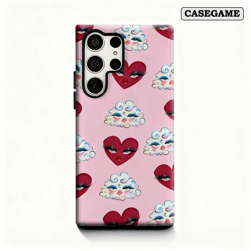 Casegame Phone Case for Samsung Galaxy S26 S25 Ultra S24 S23 Plus Shockproof Double Layer Tough Back Pink Heart Cloud Art Cover