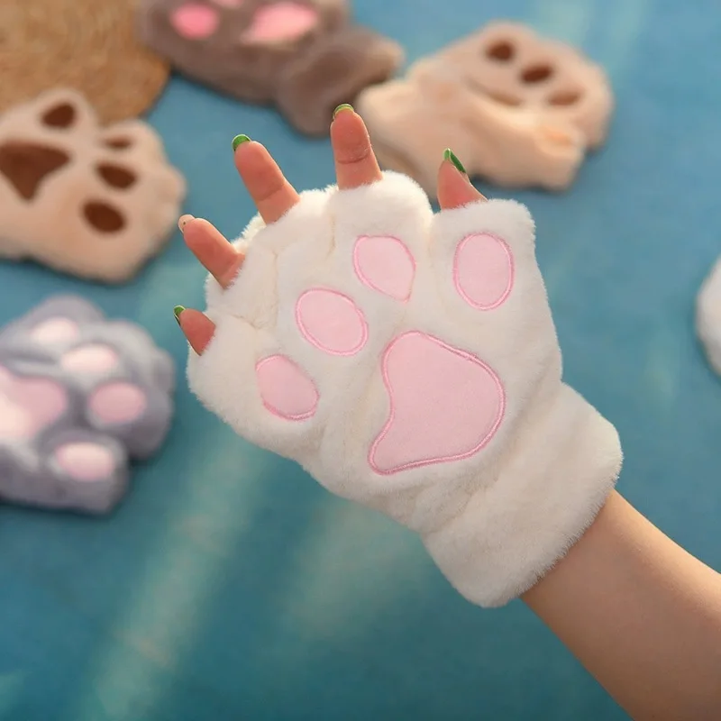 Gloves Women Cartoon Cute Cat Claw Paw Plush Mittens Warm Soft Plush Short Fingerless Fluffy Bear Cat Gloves Costume Half Finger