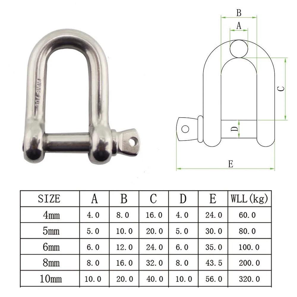 5PCS D Shackle With Screw Pin Stainless Steel 304 Heavy Duty 4mm 5mm 6mm 8mm 10mm For Chains Wirerope Lifting Camping