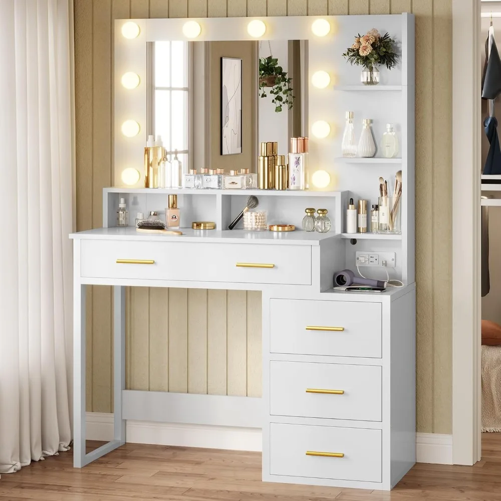 White Makeup Vanity with 10 Light Bulbs, Modern Vanity Desk with Mirror & 3 Lighting Modes, Vanity Table  Outlets