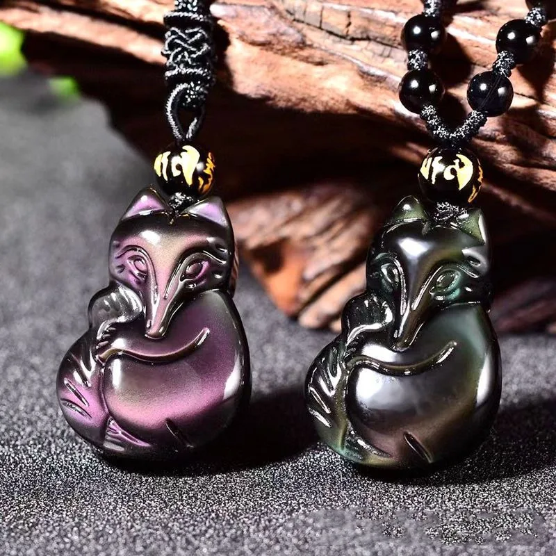 Naturalny tęczowy obsydian Ręcznie rzeźbiony dziewięcioogoniasty lis Jadeitowy wisiorek Fashion Boutique Biżuteria Mężczyźni i kobiety Naszyjnik Fox Prezent — zdjęcie 5