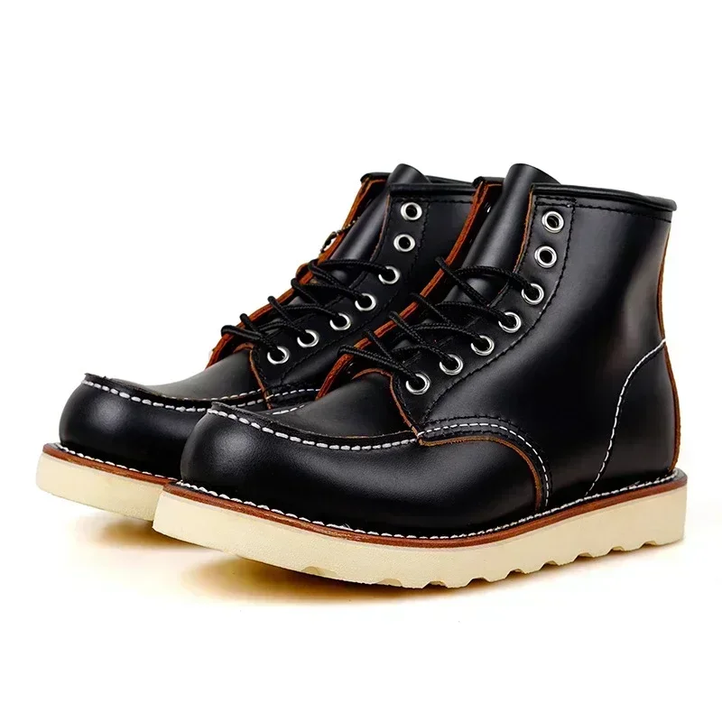 Goodyear-Welted Vintage Genuine Leather Ankle Motorcycle Boots Wings Square Top Men Casual Dress Work Red Boots Shoes Men Punk