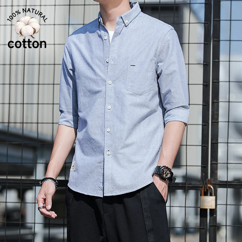 Hochwertiges Sommer-Herrenhemd aus 100% Baumwolle Oxford-Stoff mit Dreiviertelärmeln, Grau, mit Tasche und Revers, Slim Fit, Koreanischer Y2k-Stil