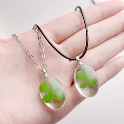 Chain Length 45cm Fashion Creative Dry Flower Glass Pendant Charm Four-Leaf Clover Pendant Necklace For DIY Jewelry Making Gift