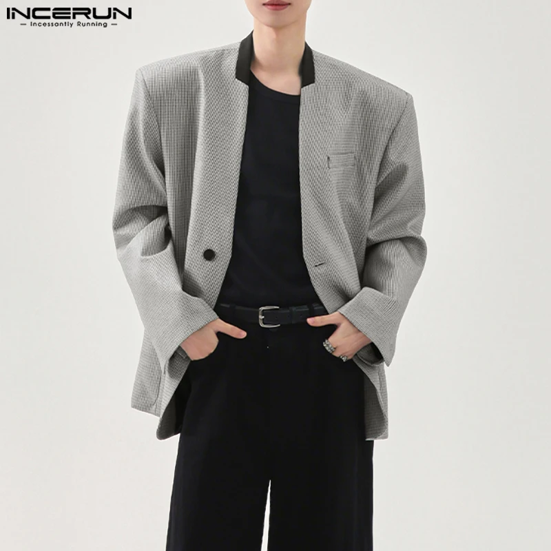 

INCERUN Men Blazer Plaid Patchwork V Neck Button Long Sleeve Casual Suit Men Streetwear 2025 Elegant Fashion Male Coats Blazer