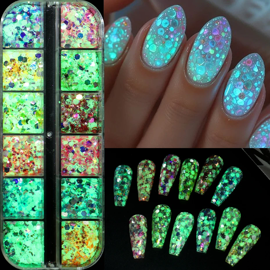 12 Grids Glow in the Dark Nail Art Powder Holographic Hexagon Shiny Glitter for Nails Spring Summer Neon Effect Nail Decoration