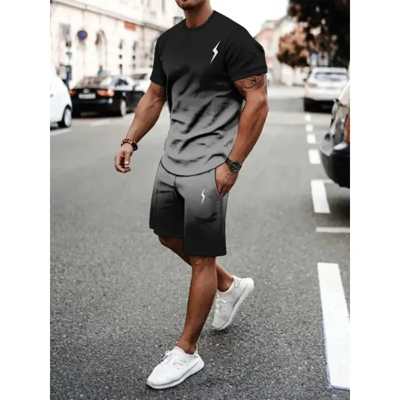 2025 Summer Beach Vacation Casual Wear Casual Short Sleeve Shorts 2 Summer Trendy Casual Men's Set Creative Engraved Printing