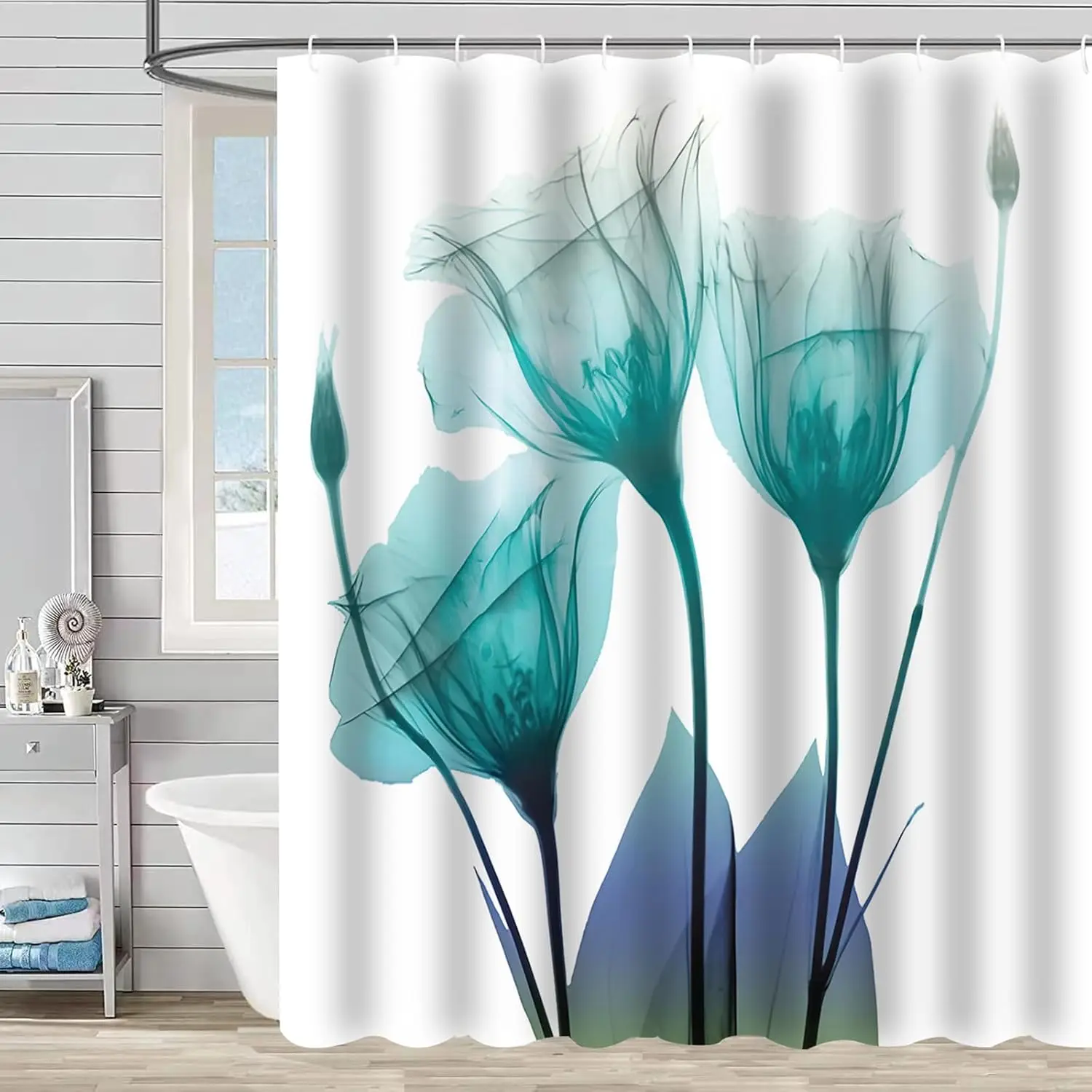 Teal Floral Shower Curtain – Turquoise Tulip Design, Elegant Modern Bathroom Decor 12PCS Hooks 71X71Inch