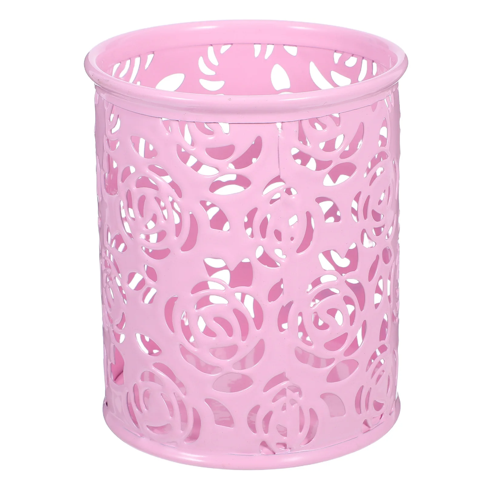 Elegant Rose Flower Metal Pen Holder Pencil Container Hollow Style Desktop Organizer for Study Room Decor Pink