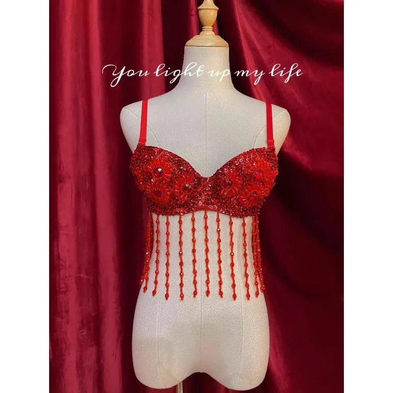 Top árabe personalizado para danza del vientre, ropa interior con sujetador para mujer, borla colorida, diamante brillante, patrón Sexy, vestido de actuación con corsé