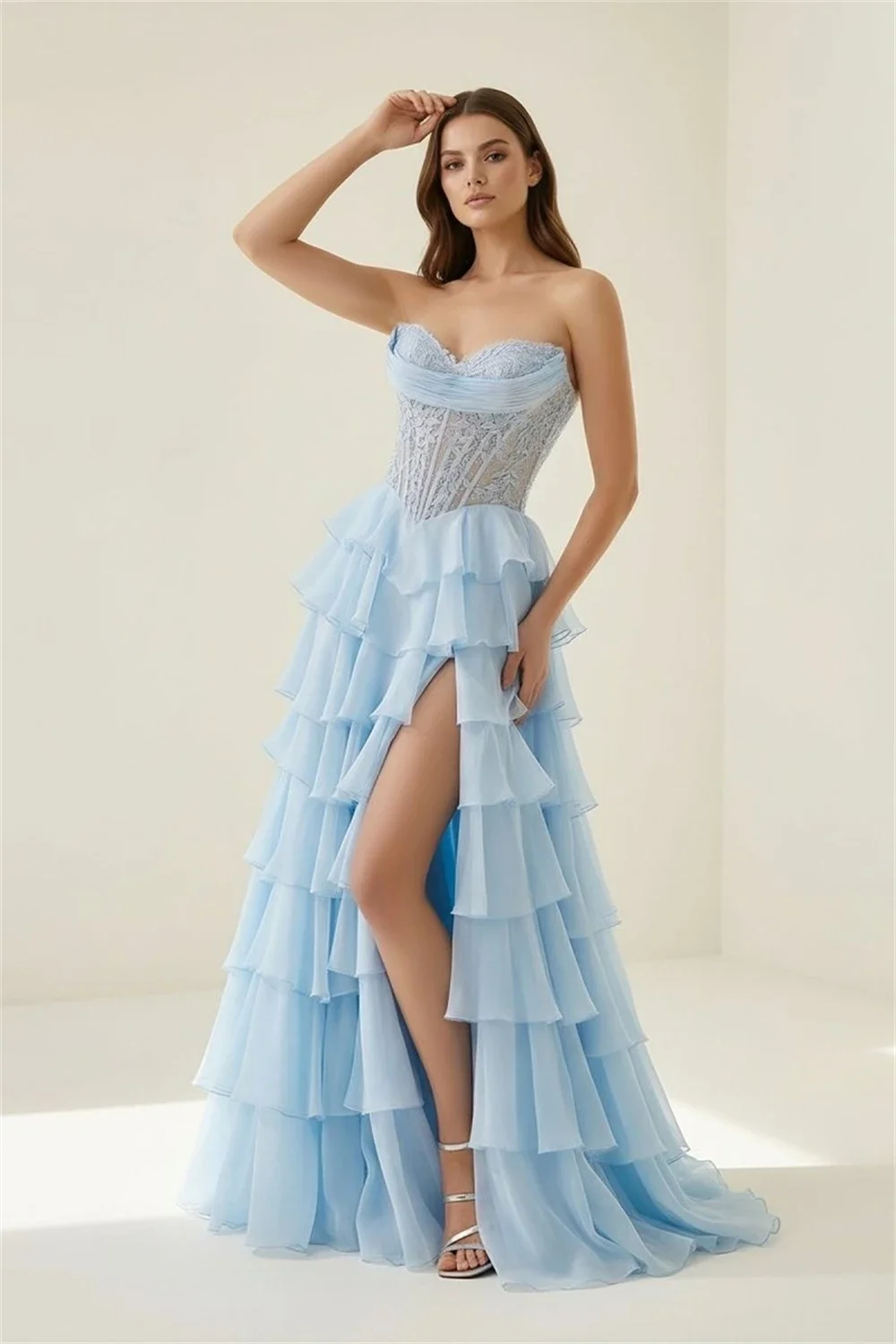 Ice Blue Strapless Sheer Lace Gown Tiered Chiffon High Slit Maxi Dress Women's Graduation Formal Prom Dress