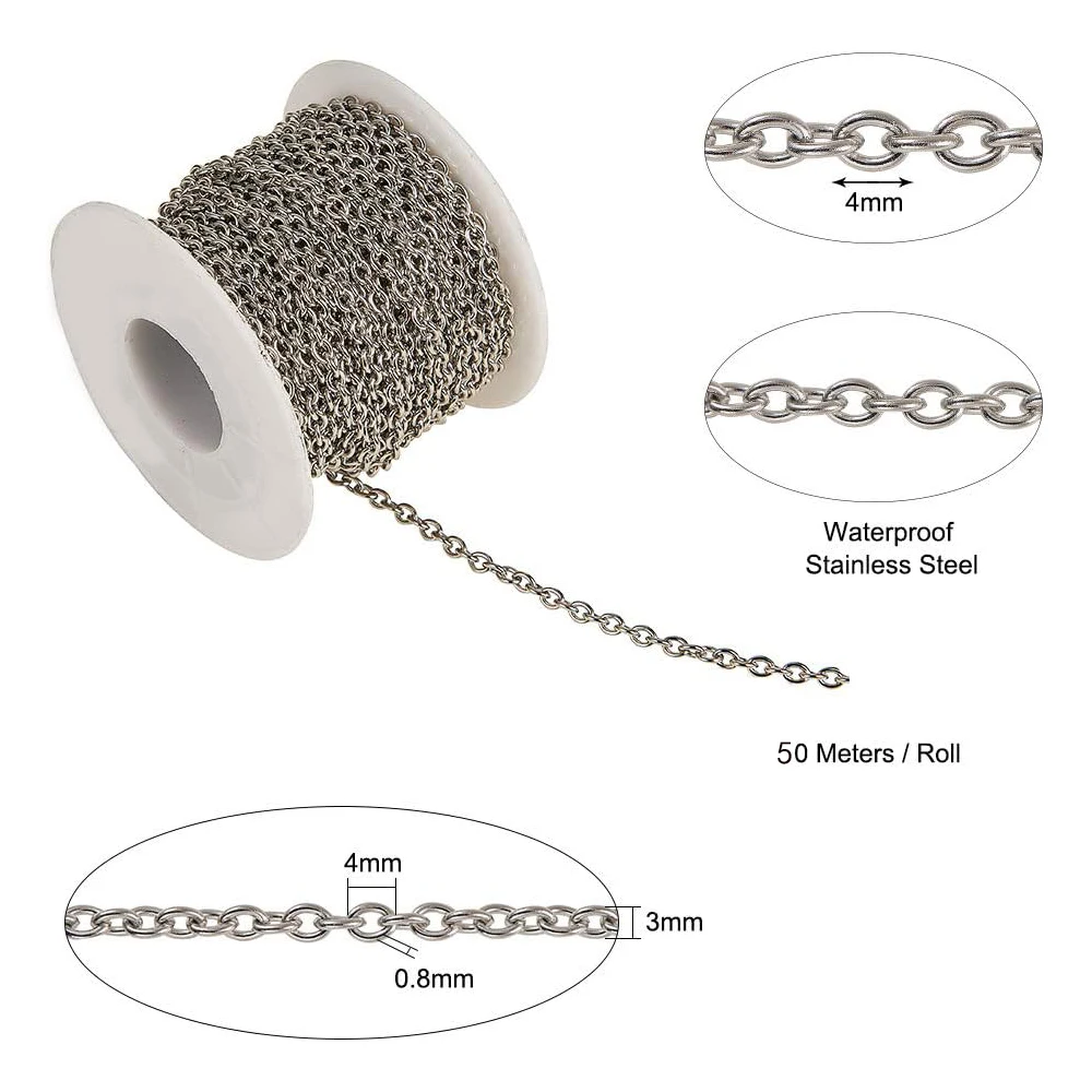 50M/Roll 304 Stainless Steel Unwelded Cable Chain Spool Link in Bulk for Necklace Jewelry Making