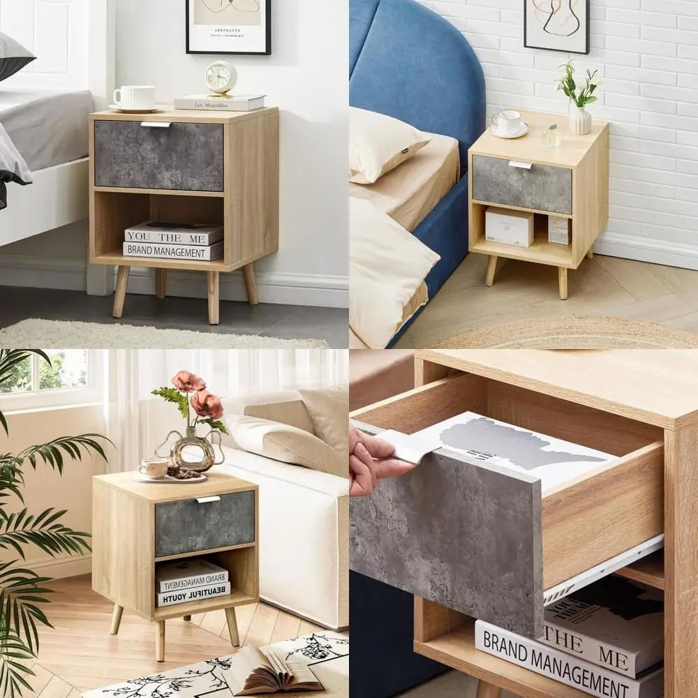

Modern Wooden Bedside Table with Drawer and Metal Handle - Nightstand Storage for Bedroom Home Decor