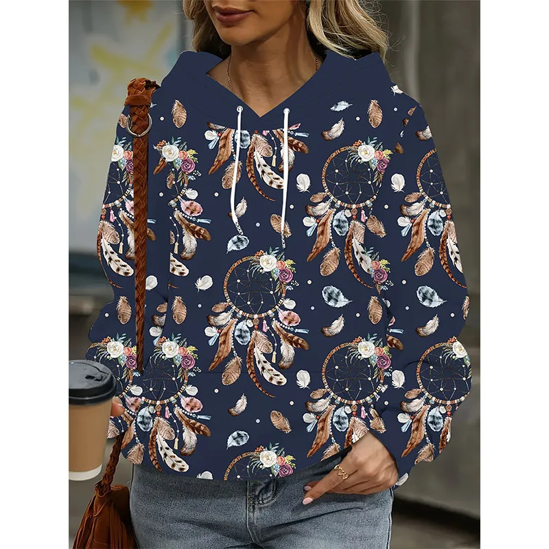 Sudaderas con capucha con estampado 3D de atrapasueños de plumas para mujer, sudaderas con capucha informales, ropa de calle Y2K, jersey, chándal Harajuku, ropa femenina