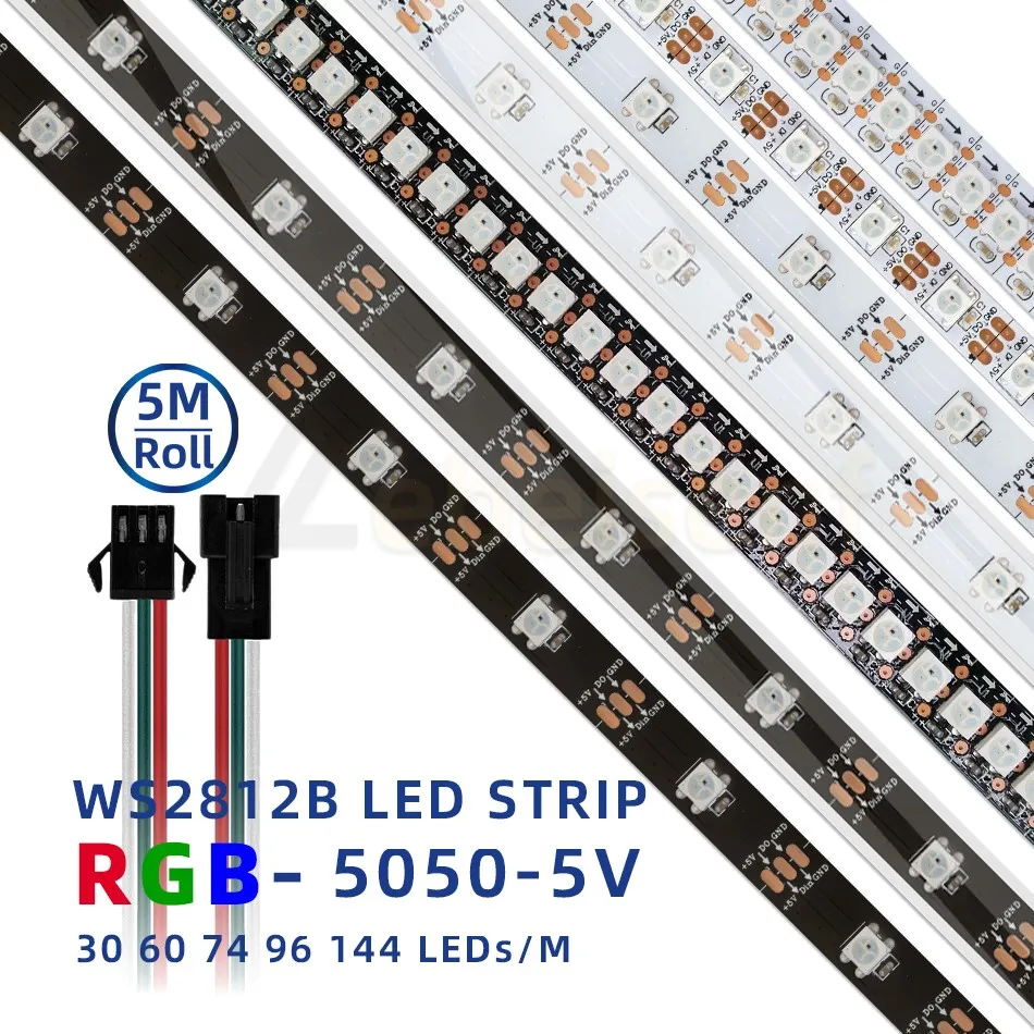 

5m WS2812B LED Strip 5V 30/60/74/96/144 Pixel LEDs/M Individually Addressable IP20 IP65 IP67 Waterproof Flexible Tape Lamp Bar