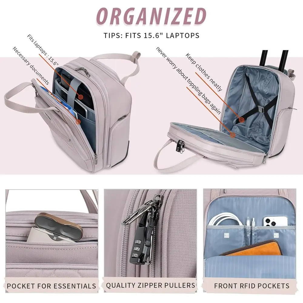 Mala de mão multifuncional rosa de 16 polegadas com rodas para viagens e negócios femininos