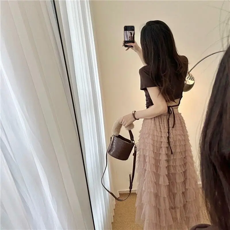 

Длинная юбка Ele с высокой талией, трапециевидной формы Me f Body, весна-лето 2023, новая корейская версия, юбка-торт из полиэфирного волокна