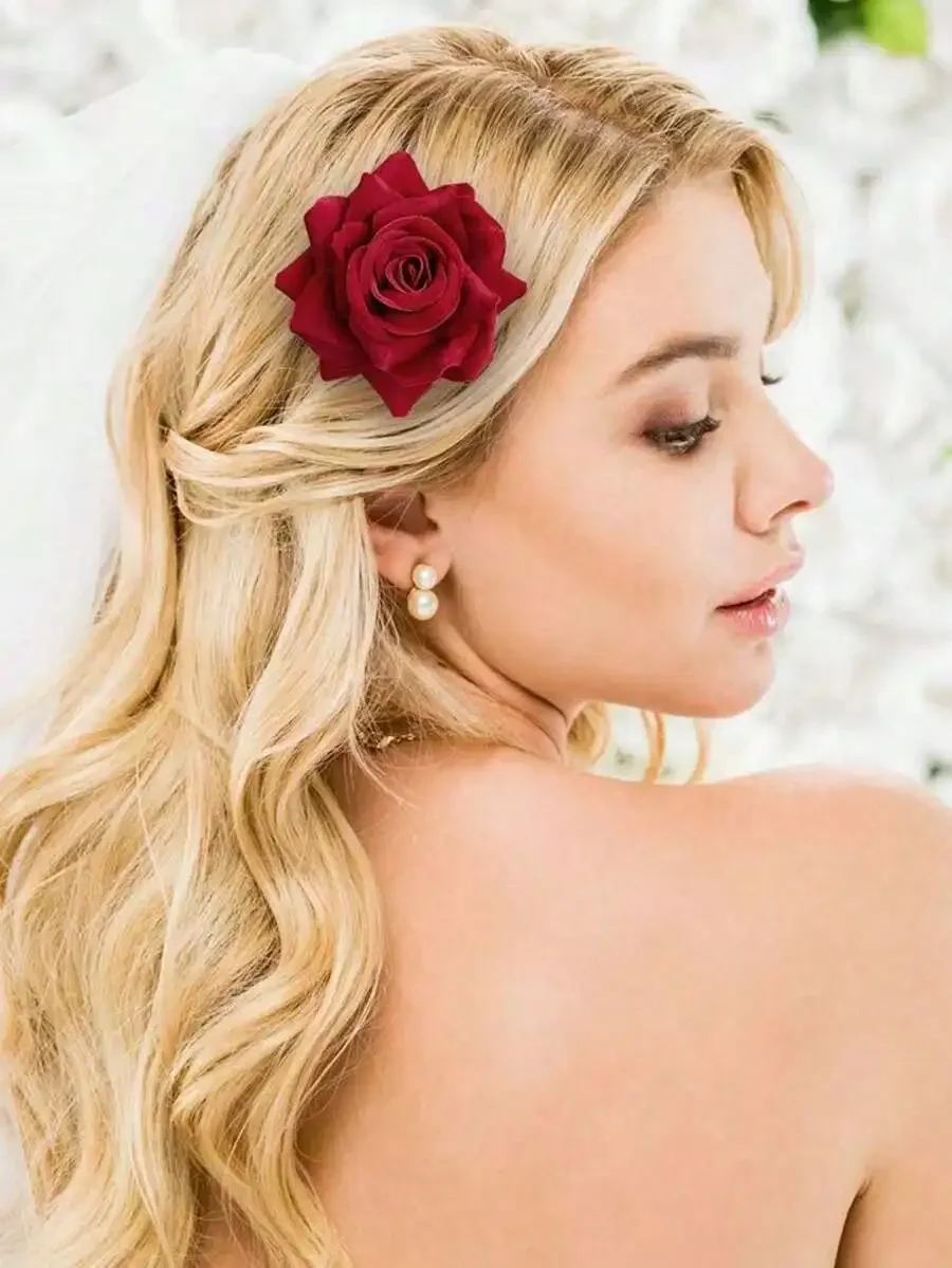3Pcs 2.7 Inch Red Rose Flower Hair Clips Brooch Pins for Women Girls Wedding Party Floral Hair Accessories