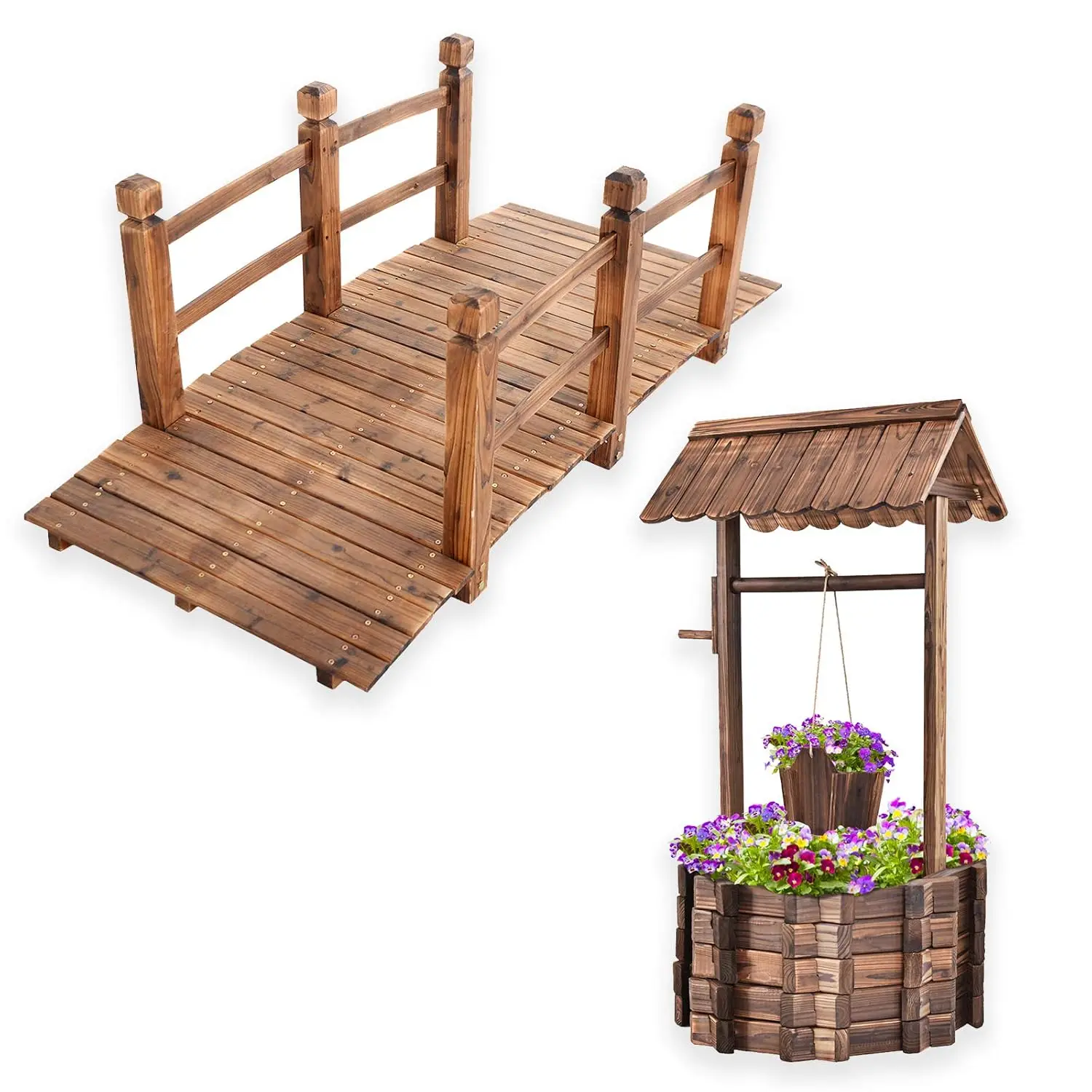 Wooden Garden Bridge, 5FT Stain Finished Arch Footbridge with Safety Rails for Garden Patio Yard, Outdoor Pond, Customized