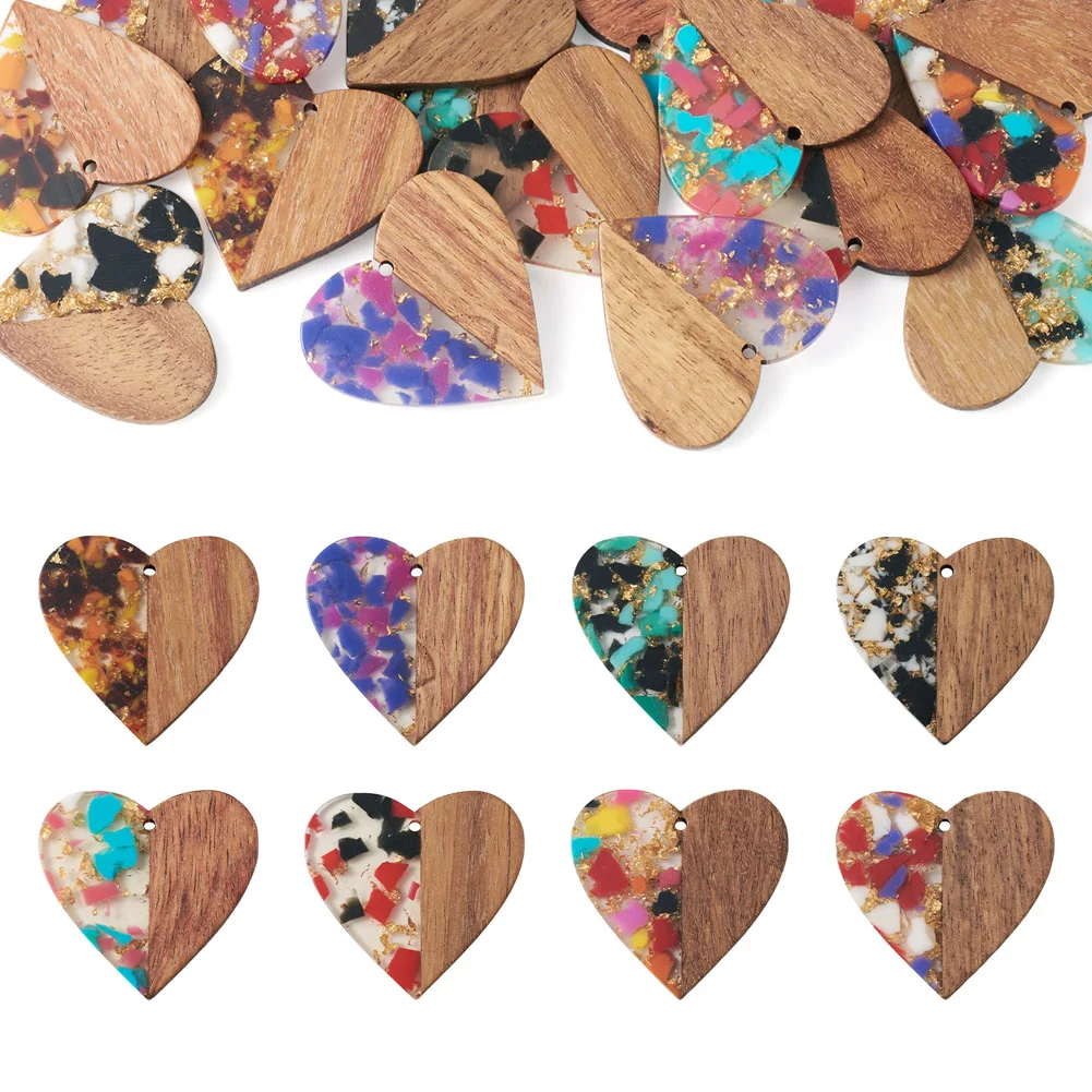 20pcs Heart Charms Transparent Resin & Walnut Wood Pendants for Jewelry Making DIY Handmade Dangle Earring Craft 37x39x3mm