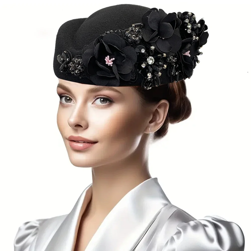 Luxury Rhinestone Flower Church Derby Beret Hats for Women Air Stewardess Hat Wool Felt Pillbox Costume Cosplay Caps Accessores