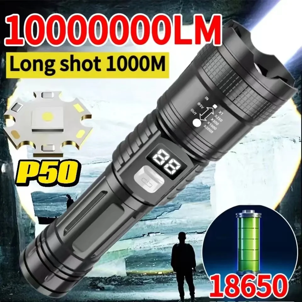 ABS Powerful LED Flashlight High Power Tactical Light Power Display USB Rechargeable Light Telescopic Zoom Torch Camping Lantern