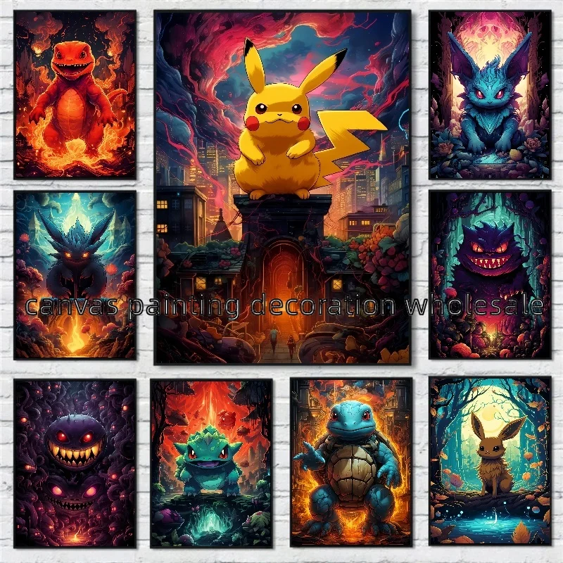 Japanese Famous Anime Pokemon Poster Pikachu Charmander Bulbasaur Squirtle Canvas Painting Wall Art Print Home Decoration Gift