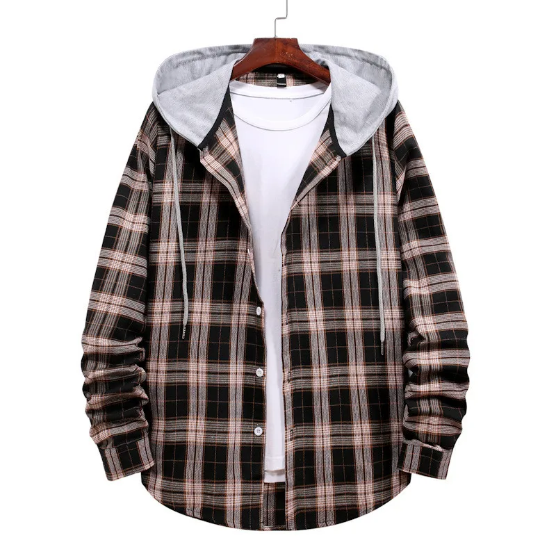 Men Casual Plaid Shirt Hooded Shirts Oversized Casual Shirt Men\'s Clothes European American Style Handsome Holiday Checked Shirt