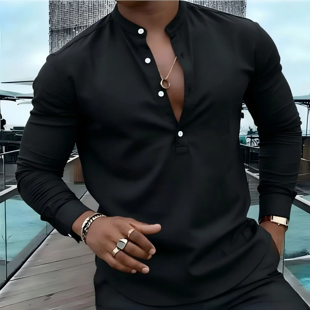 

Solid color men's long sleeved shirt with button design, casual and comfortable, fashionable to wear, outdoor street style
