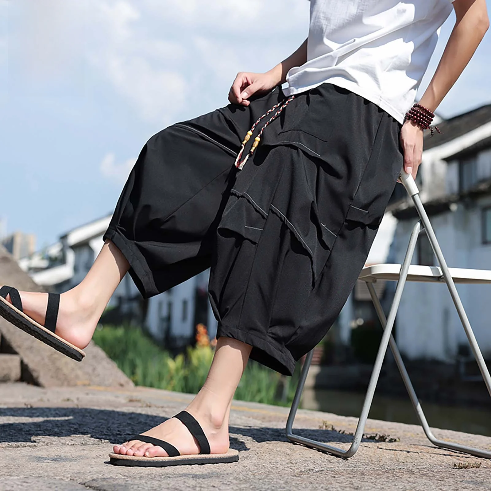 

Men's Ice Silk Qui Dry Wide Leg Seven-Foot Pants Summer Thin Loose Lantern Mid-Calf Casual Dstring Waist Jeans