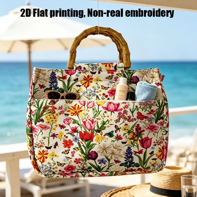 Colorful Butterfly Bamboo-Style Handle Women's Tote Bag, Pastoral Retro Hand-Carried Bag, Suitable for Commuting