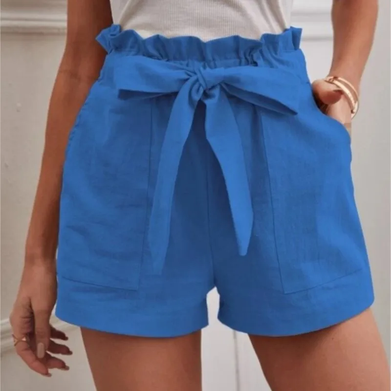 2025 New Summer Women's Loose Linen Casual Shorts Pockets Solid Large High Waist Wide Leg Trousers Fashion Lace-up Female Cloth