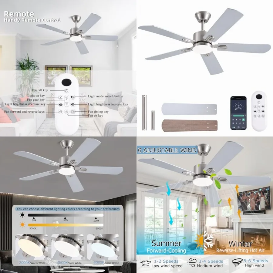 52inch Ceiling Fans with Lights and Remote/App Control, Double-Side Blades, Dimmable LED, Reversible DC Motor, Noiseless, Moder
