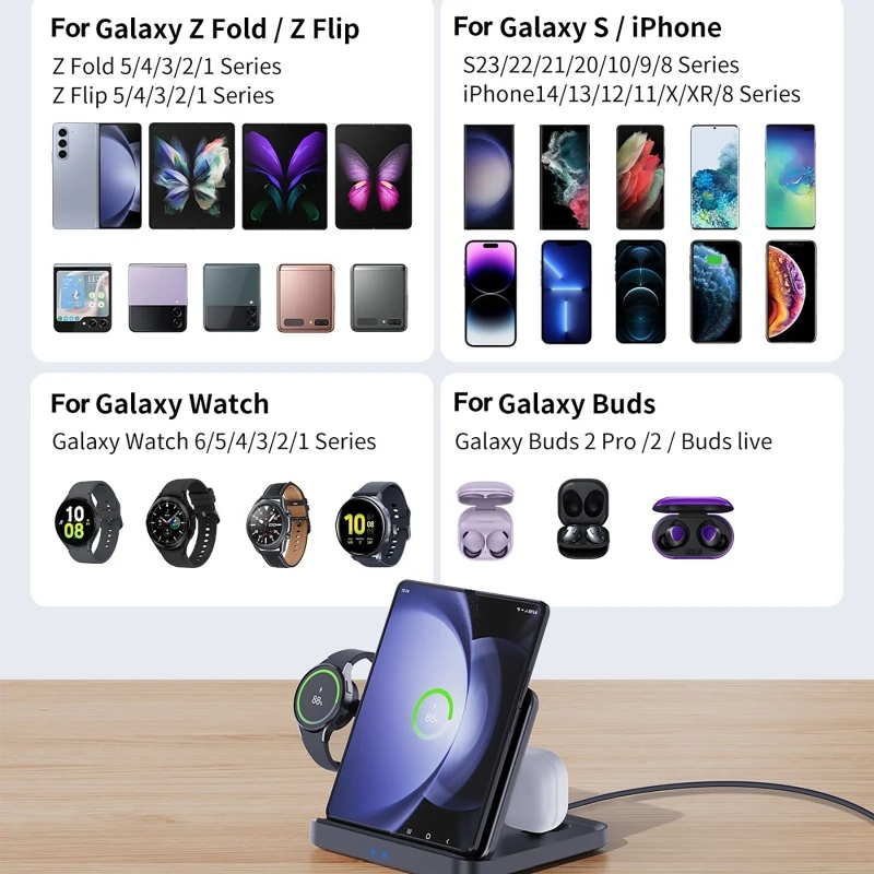 3-in-1-ポータブルデスクトップ充電器。折りたたみ式で、ワイヤレス急速充電が可能。折りたたみ式のスマートフォン、イヤホン、スマートウォッチに対応。