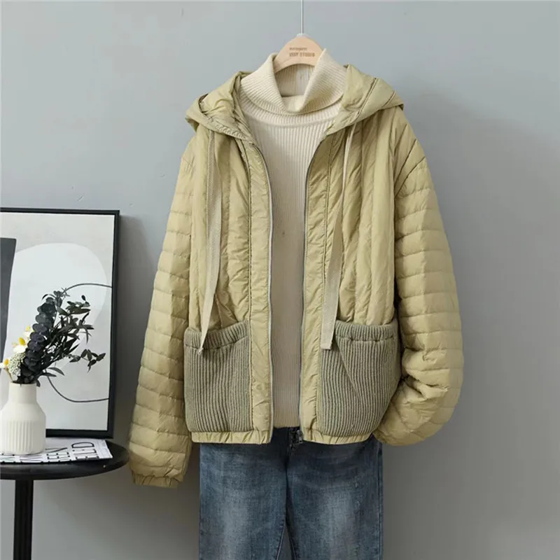 2023 Autumn Winter Women Hooded Down Coat Warm Thicken White Duck Down Jacket Female Knitted Patchwork Bigsize Parkas Outwears