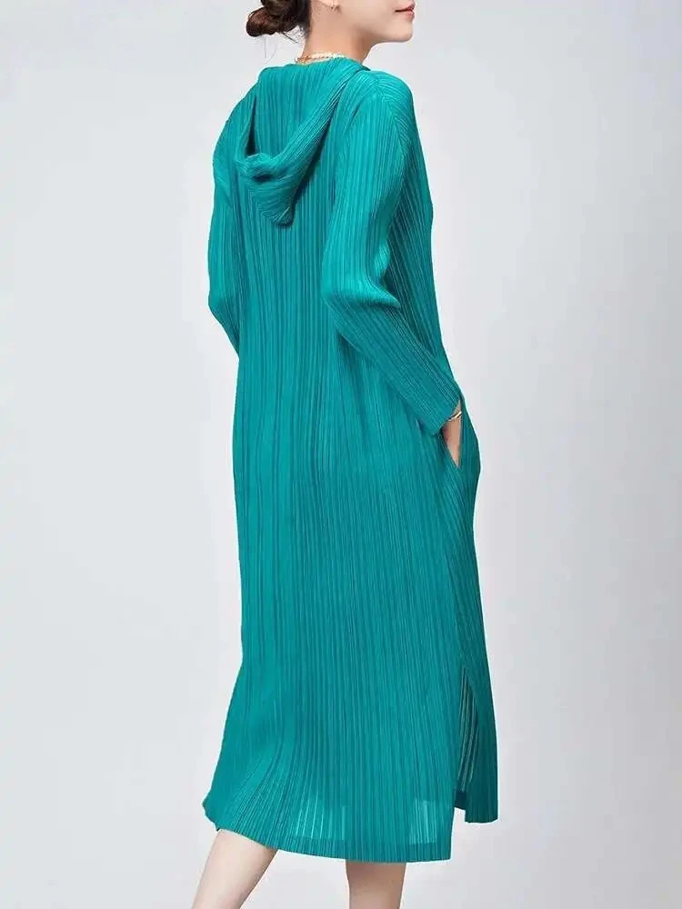 

Casual Versatile Pleated Hooded Women's Full Sleeve Pocket Solid Colour Midi Miyake 2025 Summer New Elegant Lady Fashion Dresses