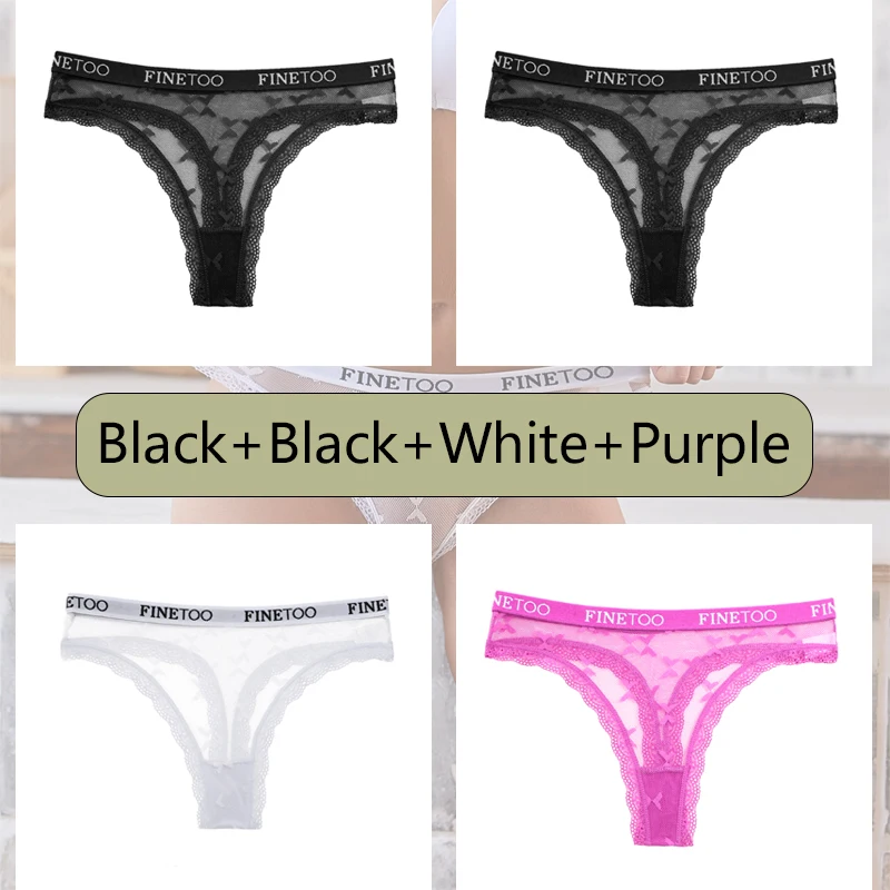 FINETOO 4Pcs Sexy frauen Spitze Bikini Thongs Low-taille Brief Unterwäsche Tanga Weibliche G-String Transparent Atmungsaktive Dessous