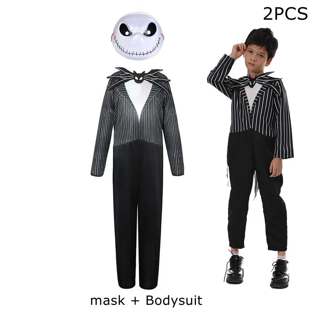 Halloween Jack Costume Kid Boys Christmas Eve Nightmare Before Scary Skeleton Jack Cosplay Skellington Cosplay Bodysuit Suit